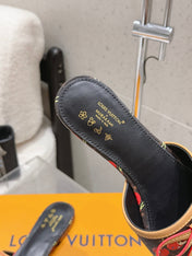 LV 26S FLAT MULE SANDALS IN BLACK MONOGRAM CANVAS WITH CHERRY PRINT