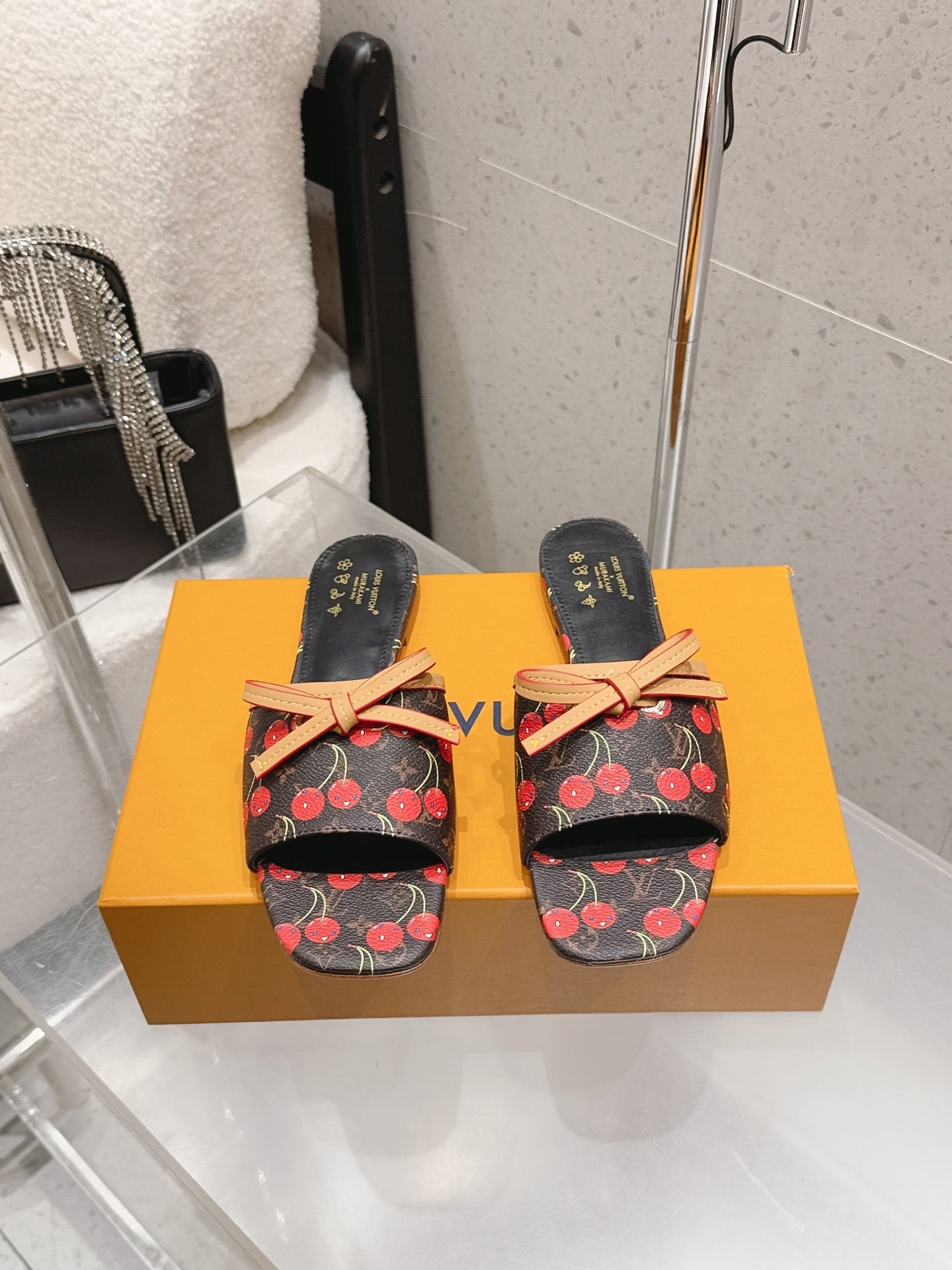 LV 26S FLAT MULE SANDALS IN BLACK MONOGRAM CANVAS WITH CHERRY PRINT