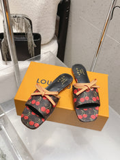 LV 26S FLAT MULE SANDALS IN BLACK MONOGRAM CANVAS WITH CHERRY PRINT