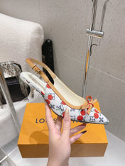 LV 26S SLINGBACK PUMPS IN WHITE MONOGRAM CANVAS WITH CHERRY PRINT AND CALFSKIN BOW