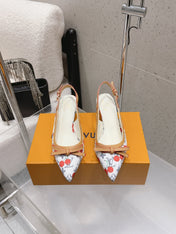 LV 26S SLINGBACK PUMPS IN WHITE MONOGRAM CANVAS WITH CHERRY PRINT AND CALFSKIN BOW