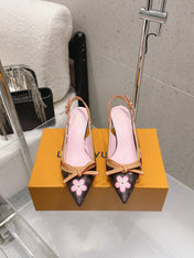 LV 26S SLINGBACK PUMPS IN BROWN MONOGRAM CANVAS WITH PINK FLORAL PRINT AND CALFSKIN BOW