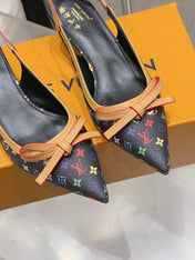 LV 26S SLINGBACK PUMPS IN BLACK MULTICOLOR MONOGRAM CANVAS WITH CALFSKIN BOW