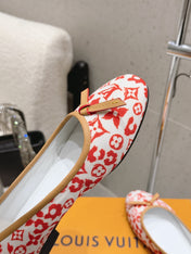 LV 26S BALLET FLATS IN WHITE RED MONOGRAM CANVAS WITH BEIGE CALFSKIN BOW
