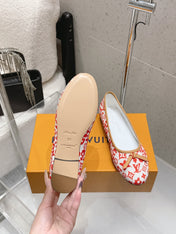 LV 26S BALLET FLATS IN WHITE RED MONOGRAM CANVAS WITH BEIGE CALFSKIN BOW