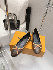 LV 26S BALLET FLATS IN DARK BROWN MONOGRAM CANVAS WITH BEIGE CALFSKIN BOW