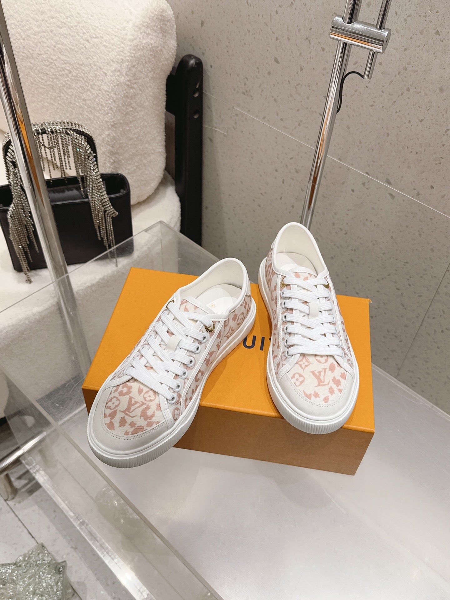 LV 26S LOW TOP SNEAKERS IN PINK MONOGRAM CANVAS AND WHITE CALFSKIN TRIM