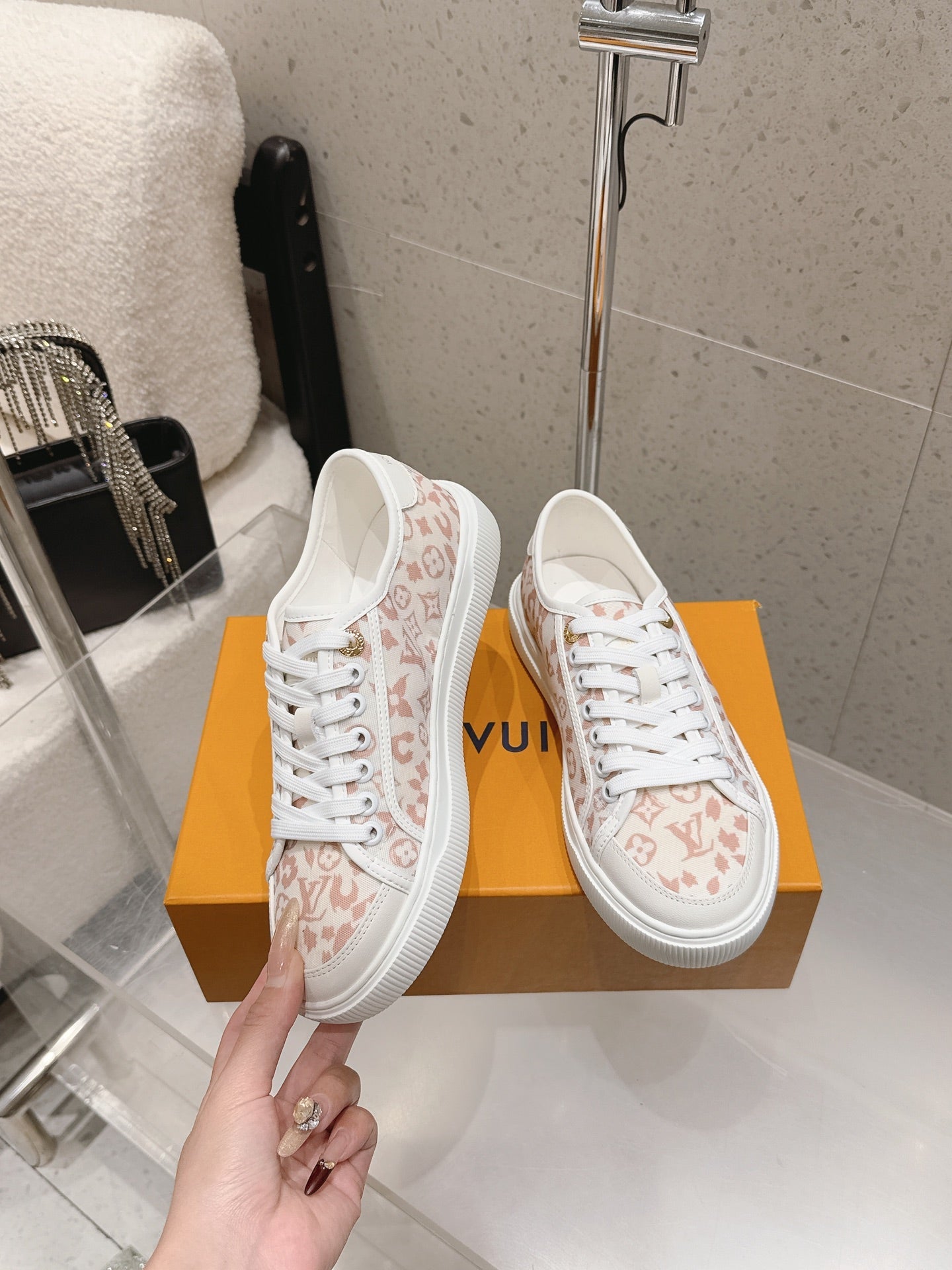 LV 26S LOW TOP SNEAKERS IN PINK MONOGRAM CANVAS AND WHITE CALFSKIN TRIM