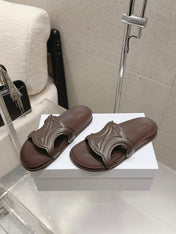 CELINE 26S TRIOMPHE SLIDES IN DARK BROWN CALFSKIN