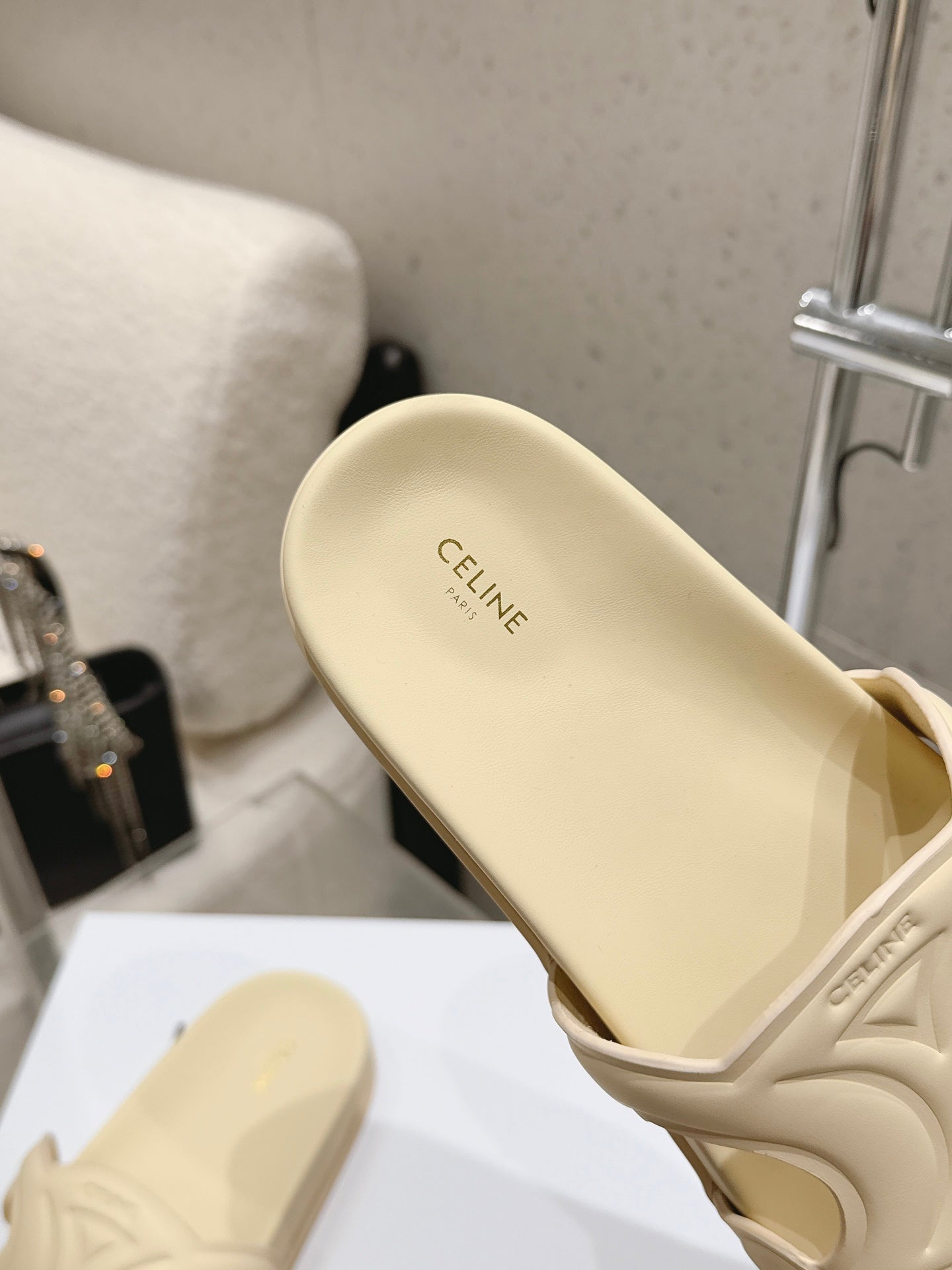 CELINE 26S TRIOMPHE SLIDES IN PASTEL YELLOW CALFSKIN