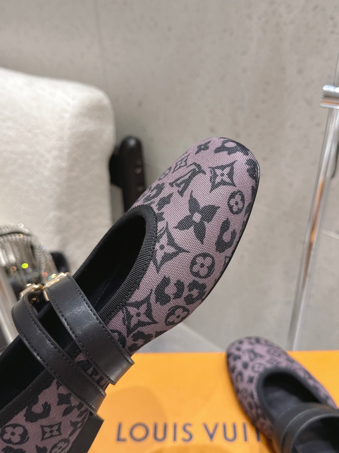LV 26S MARY JANE FLATS IN BLACK AND PURPLE MONOGRAM CANVAS WITH DOUBLE STRAP