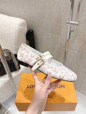 LV 26S MARY JANE FLATS IN WHITE AND PINK MONOGRAM CANVAS WITH DOUBLE STRAP