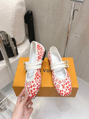 LV 26S MARY JANE FLATS IN WHITE AND RED MONOGRAM CANVAS WITH DOUBLE STRAP