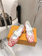 LV 26S MARY JANE FLATS IN WHITE AND RED MONOGRAM CANVAS WITH DOUBLE STRAP