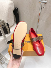 LV 26S MARY JANE FLATS IN DARK RED CALFSKIN WITH BROWN MONOGRAM STRAP