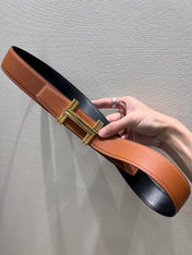 HM TRAVERSE BELT BUCKLE & REVERSIBLE BRONZE BROWN LEATHER STRAP 38 MM GOLD HARDWARE