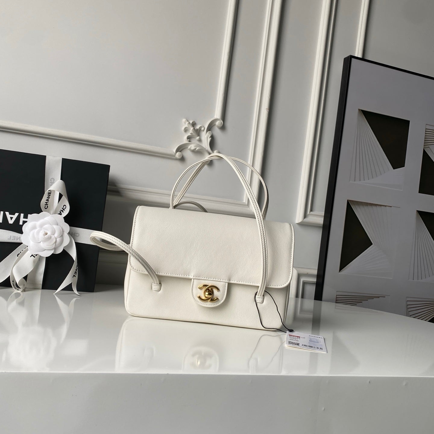 CHANEL 26S SMALL PREPPY COCO FLAP BAG 22 IN IVORY WHITE GRAINED CALFSKIN GOLD HARDWARE