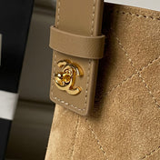 CHANEL 26S BUCKET SHOULDER BAG 27 IN CAMEL BROWN SUEDE AND CALFSKIN GOLD HARDWARE