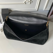 CHANEL 26S CLASSIC FLAP MEDIUM 39 IN BLACK QUILTED SUEDE AND CALFSKIN GOLD HARDWARE
