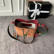 CHANEL 26S BUCKET BAG 18 IN BROWN QUILTED SUEDE AND GREEN LEATHER