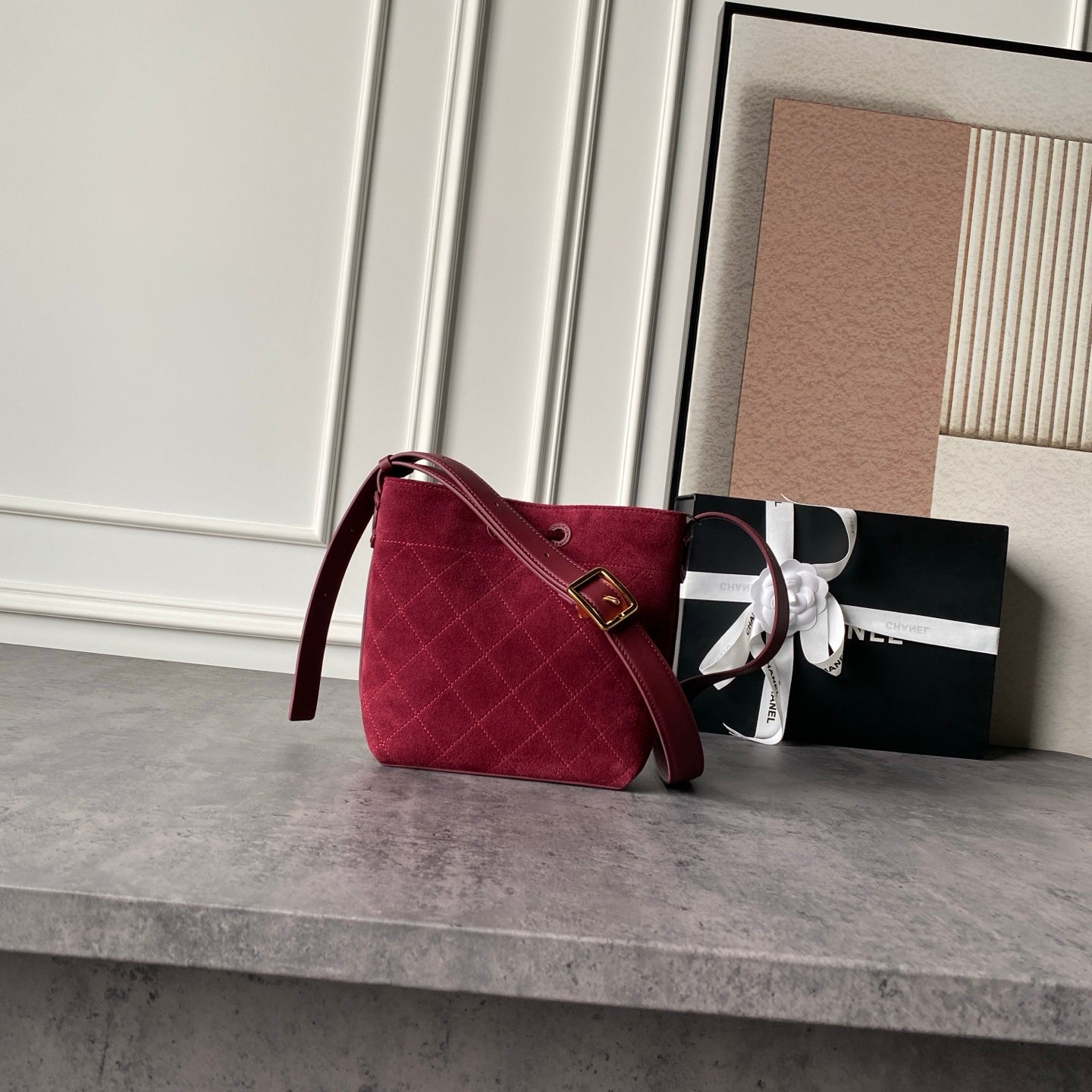CHANEL 26S BUCKET BAG 18 IN DARK RED QUILTED SUEDE