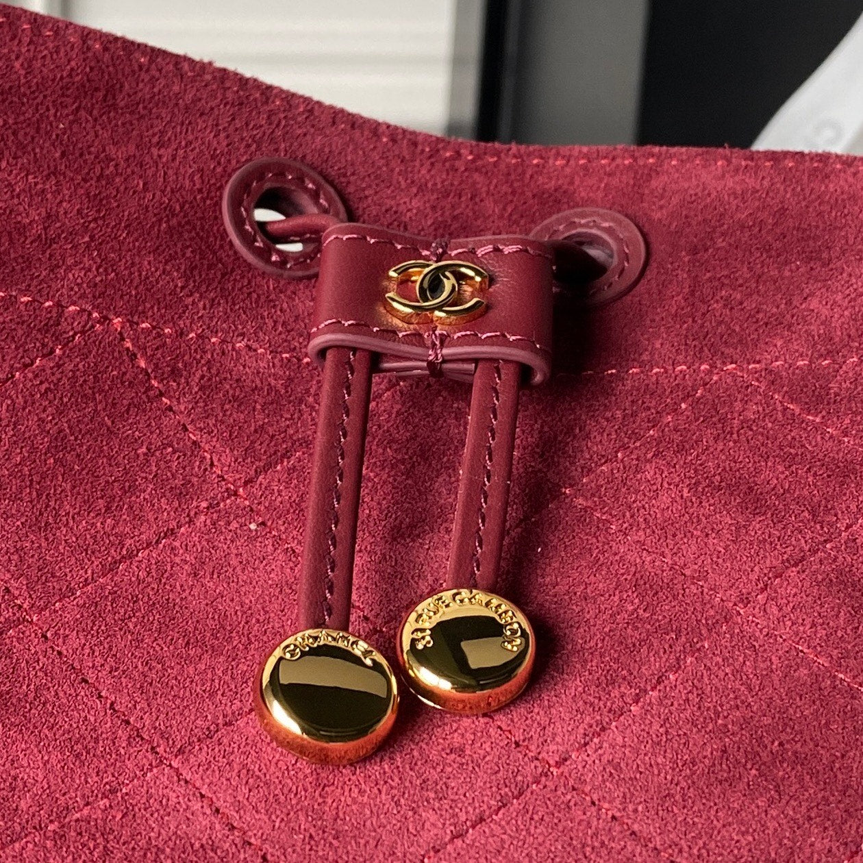 CHANEL 26S BUCKET BAG 18 IN DARK RED QUILTED SUEDE