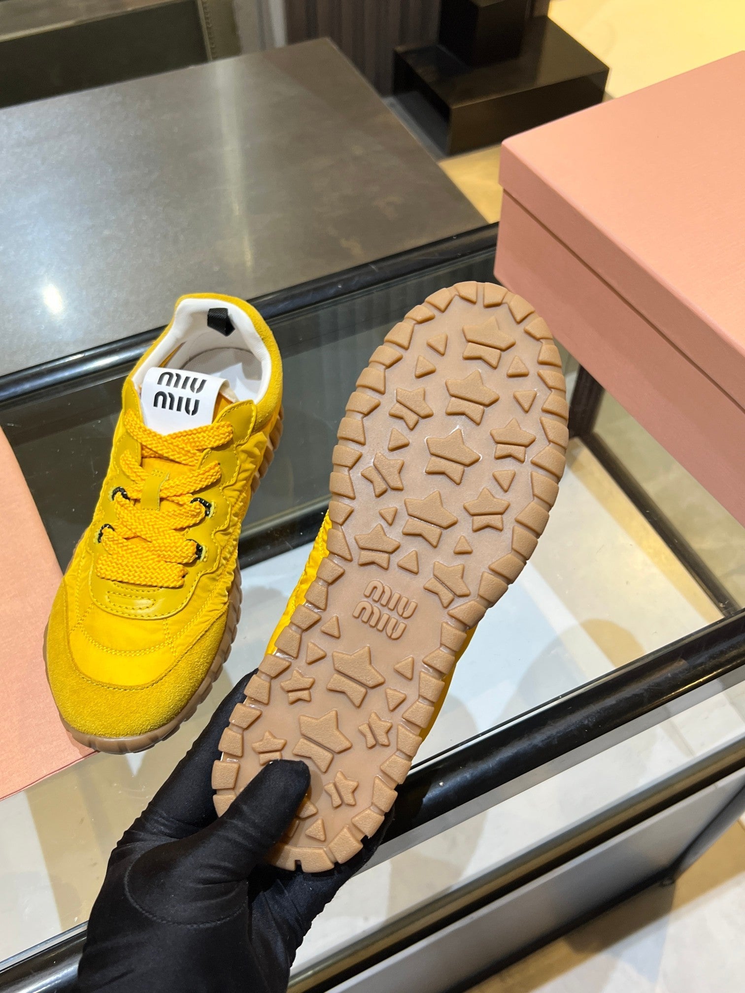 MIUMIU 26S SNEAKERS IN YELLOW FABRIC AND SUEDE