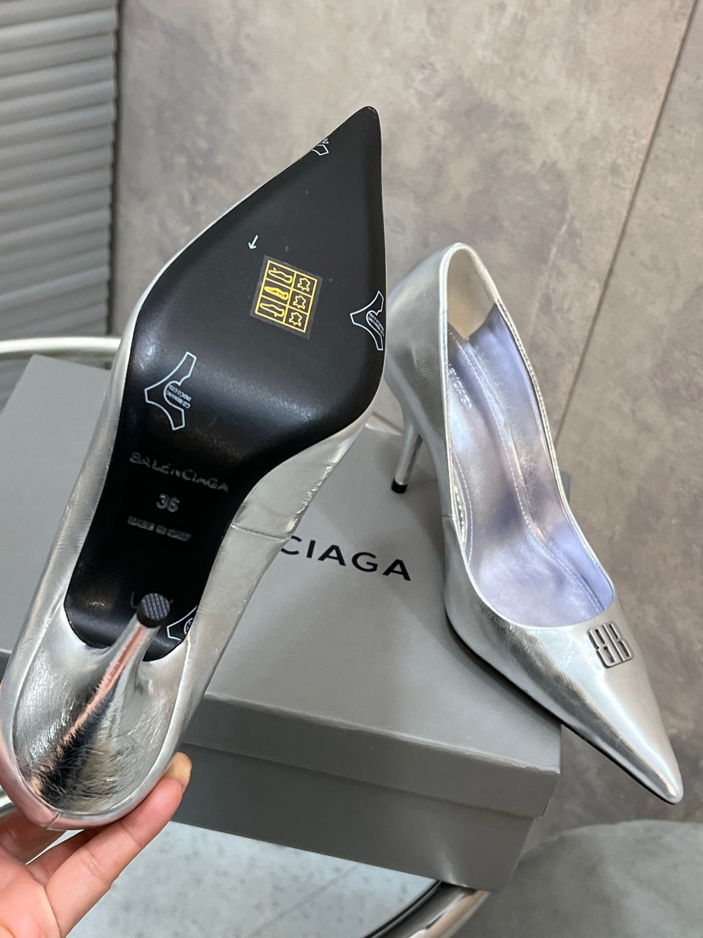 BALENCIAGA 25S HIGH-HEEL SHOES 85 MM IN SILVER COW LEATHER