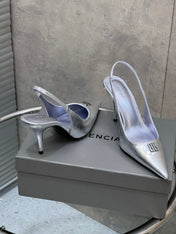 BALENCIAGA 25S HIGH-HEEL SLINGBACK 85 MM IN SILVER COW LEATHER