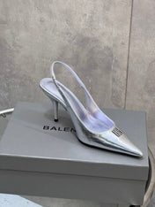 BALENCIAGA 25S HIGH-HEEL SLINGBACK 85 MM IN SILVER COW LEATHER
