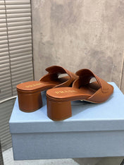 PRADA 26S BLOCK HEEL SLIDE SANDALS 60MM IN CARAMEL BROWN CALFSKIN WITH LOGO