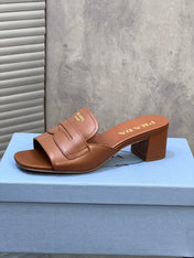 PRADA 26S BLOCK HEEL SLIDE SANDALS 60MM IN CARAMEL BROWN CALFSKIN WITH LOGO