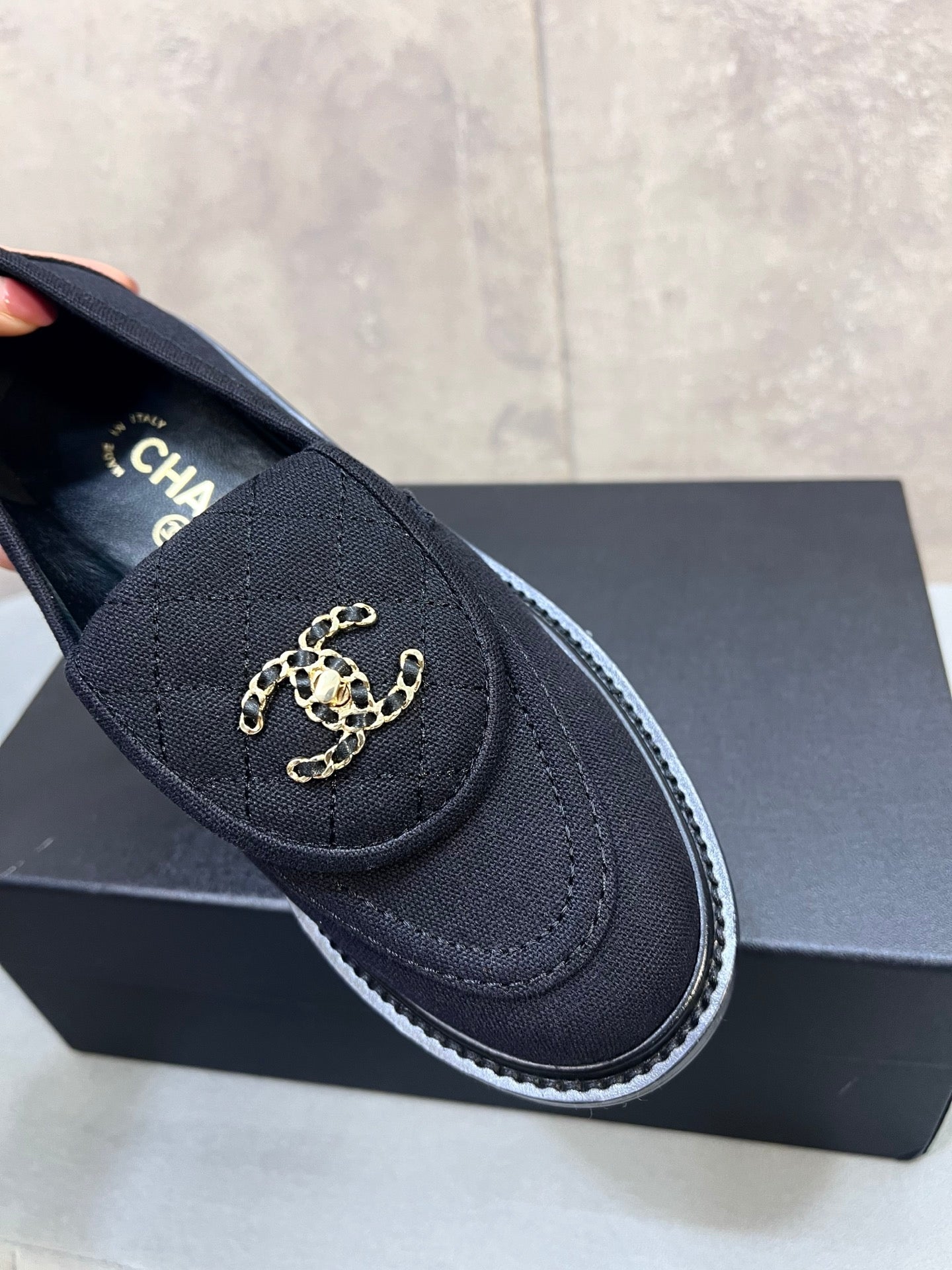 CHANEL 26S LOAFERS IN BLACK CANVAS WITH QUILTED FLAP & CHAIN CC LOGO