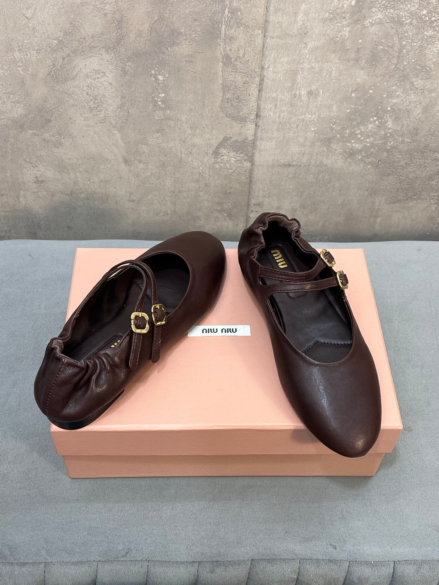 MIUMIU 26S DOUBLE STRAP MARY JANE FLATS IN DARK BROWN SHEEPSKIN