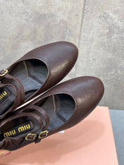 MIUMIU 26S DOUBLE STRAP MARY JANE FLATS IN DARK BROWN SHEEPSKIN