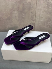 THE ROW 26S SQUARE TOE THONG KITTEN HEEL SANDALS 45MM IN PURPLE VELVET