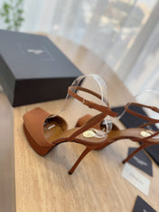 LA SCANDALE HIGH 14 CM PLATFORM SANDALS IN BRONZE BROWN SATIN CREPE