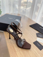 HIGH HEEL SANDAL 10 CM IN CHOCOLATE BROWN SATIN CREPE AND CRYSTAL