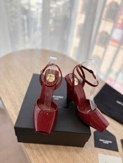 LA SCANDALE HIGH 10 CM WEDGE SANDALS IN CRIMSON RED PATENT LEATHER