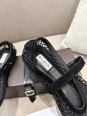 ALAIA 26S MESH FLATS IN BLACK SUEDE