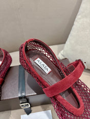 ALAIA 26S MESH FLATS IN DARK RED SUEDE