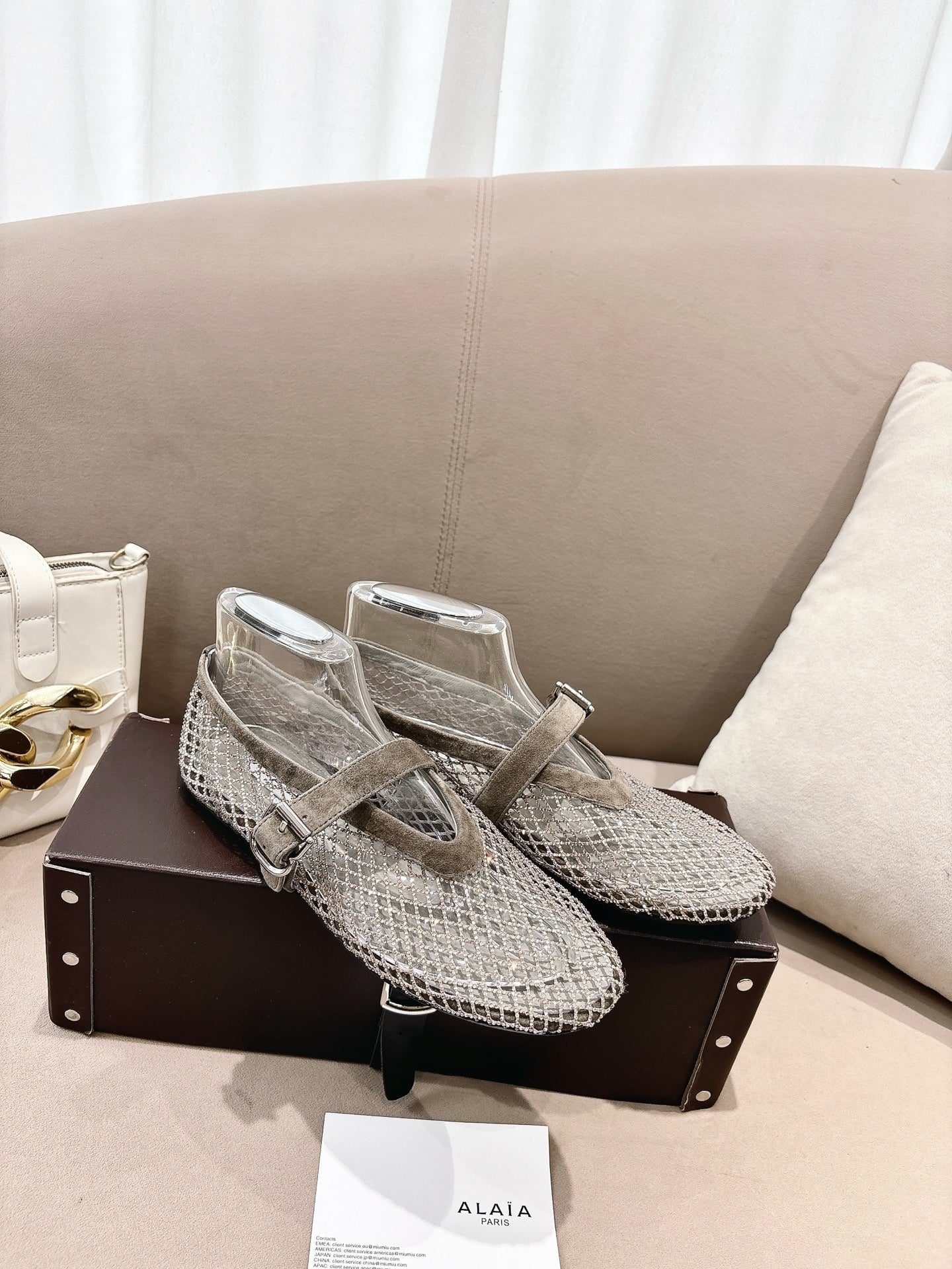 ALAIA 26S MESH FLATS IN BEIGE BROWN SUEDE
