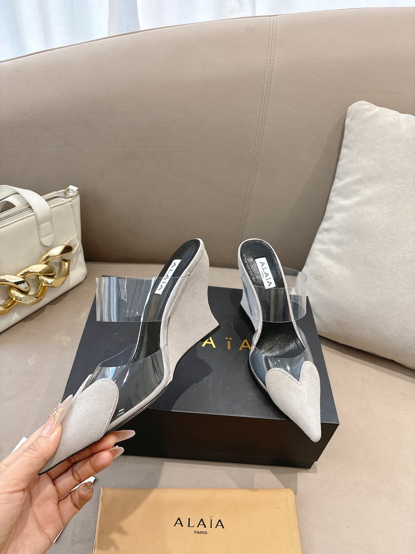 ALAIA 26S HIGH-HEEL WEDGE MULES 95 MM IN OFF WHITE GREY SUEDE