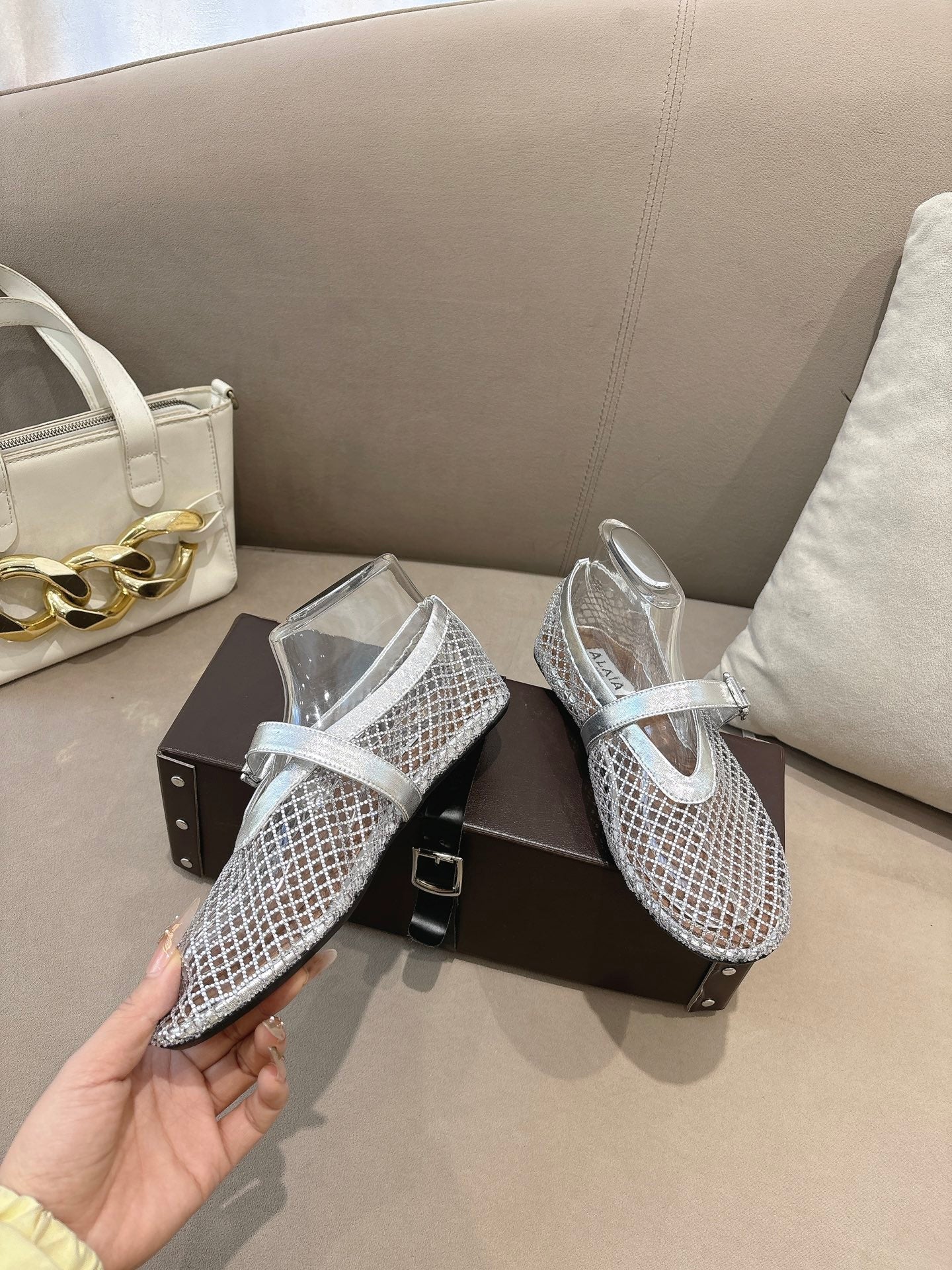 ALAIA 26S MESH FLATS IN SILVER LAMBSKIN