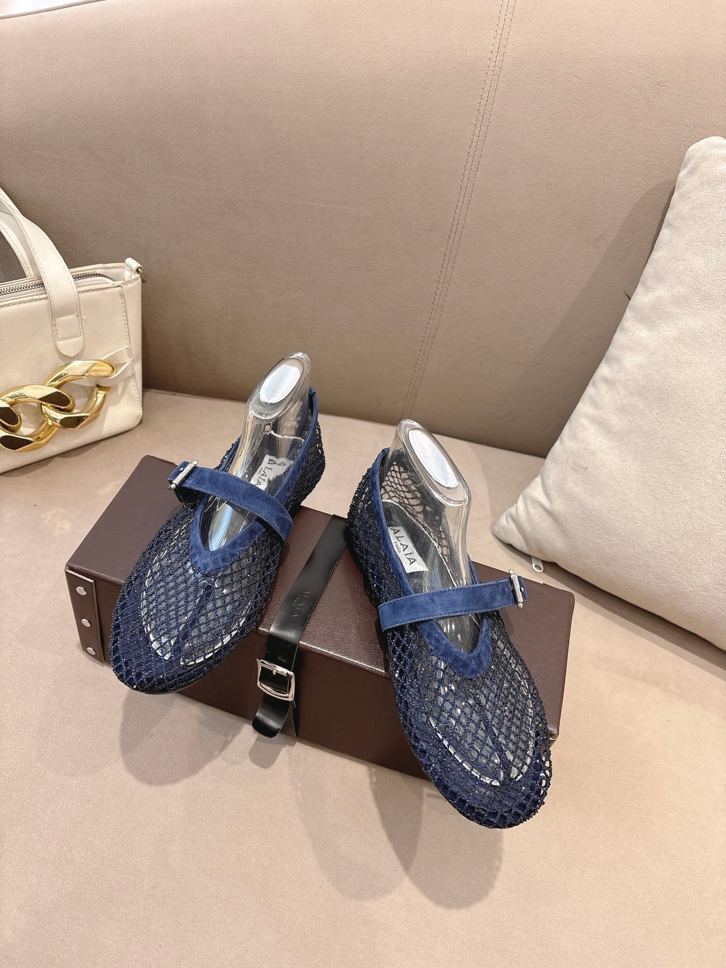 ALAIA 26S MESH FLATS IN NAVY BLUE SUEDE