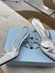 PRADA 25S TRIANGLE LOGO SLINGBACK PUMPS IN SILVER MESH FABRIC