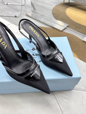 PRADA 25S TRIANGLE LOGO SLINGBACK PUMPS IN BLACK MESH FABRIC