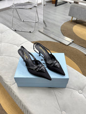 PRADA 25S TRIANGLE LOGO SLINGBACK PUMPS IN BLACK MESH FABRIC