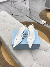 PRADA 25S TRIANGLE LOGO SLINGBACK PUMPS IN WHITE MESH FABRIC
