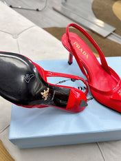 PRADA 25S TRIANGLE LOGO SLINGBACK PUMPS IN RED MESH FABRIC